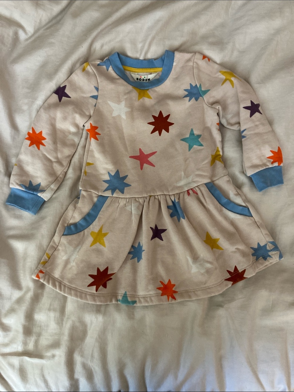 Mini Boden Beige Star-Print Sweatshirt Dress with Blue Trim